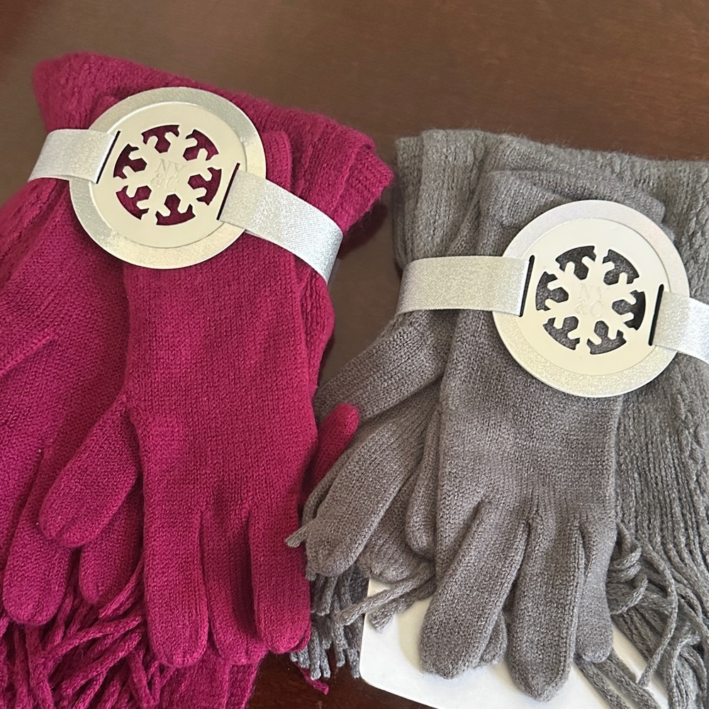 New York & Company Pink and Gray Glove and Scarf Set